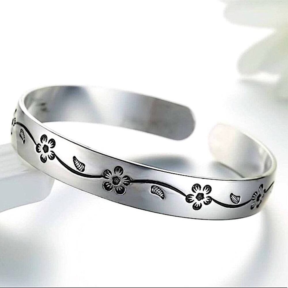 Sterling Silver Flower Bangle Adjustable Cuff Bangle Bracelet